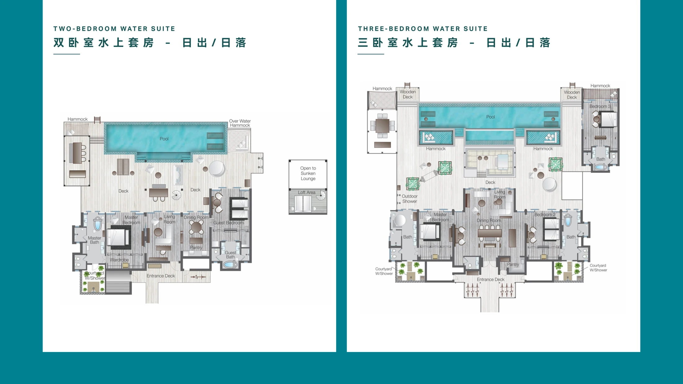 双卧室水上套房 · 平面图（按图中房型标注查看）