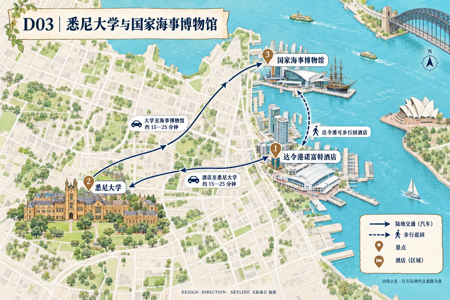第3天路线图：达令港诺富特酒店、悉尼大学、国家海事博物馆