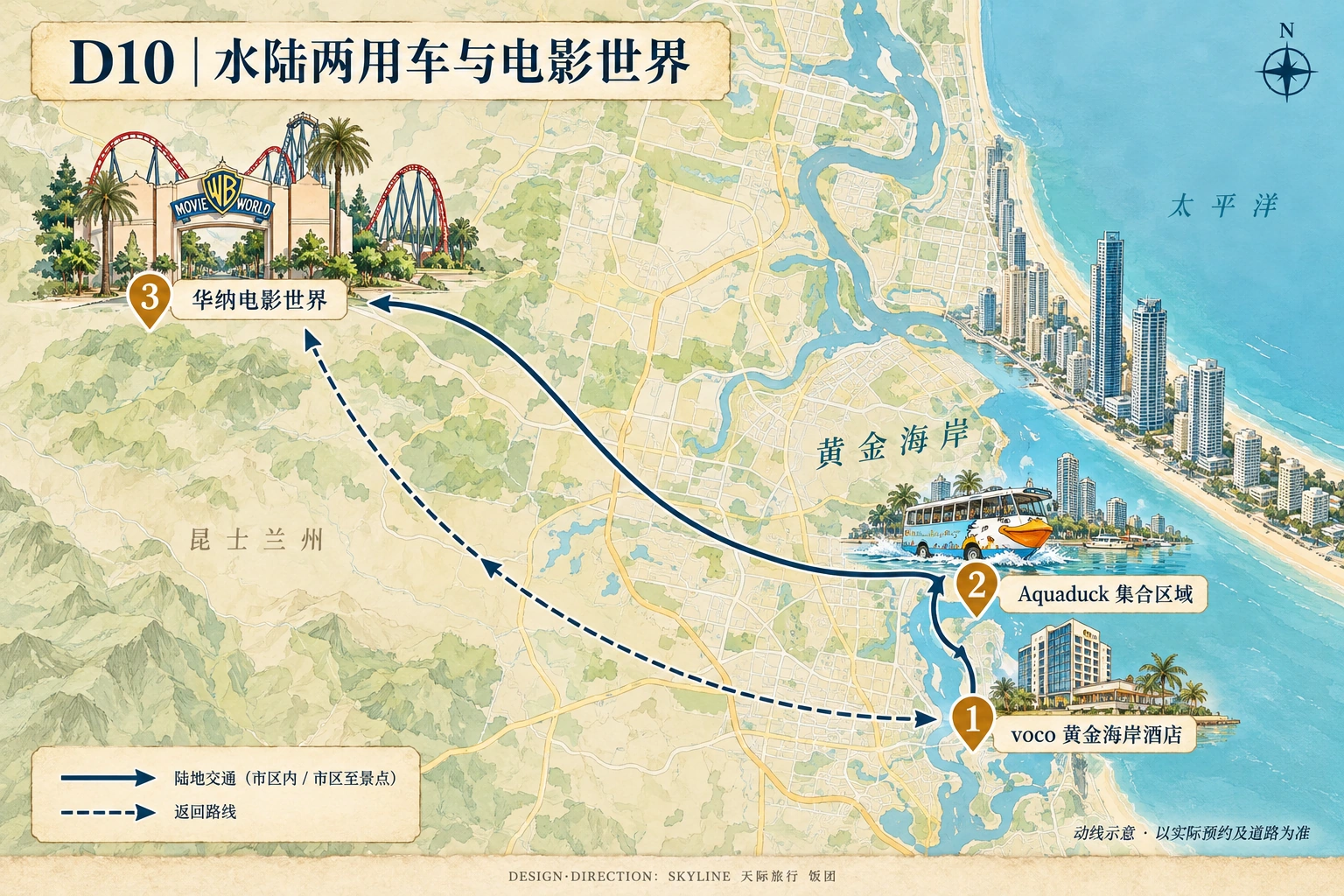 第10天路线图：voco 黄金海岸酒店、Aquaduck 集合区域、华纳电影世界