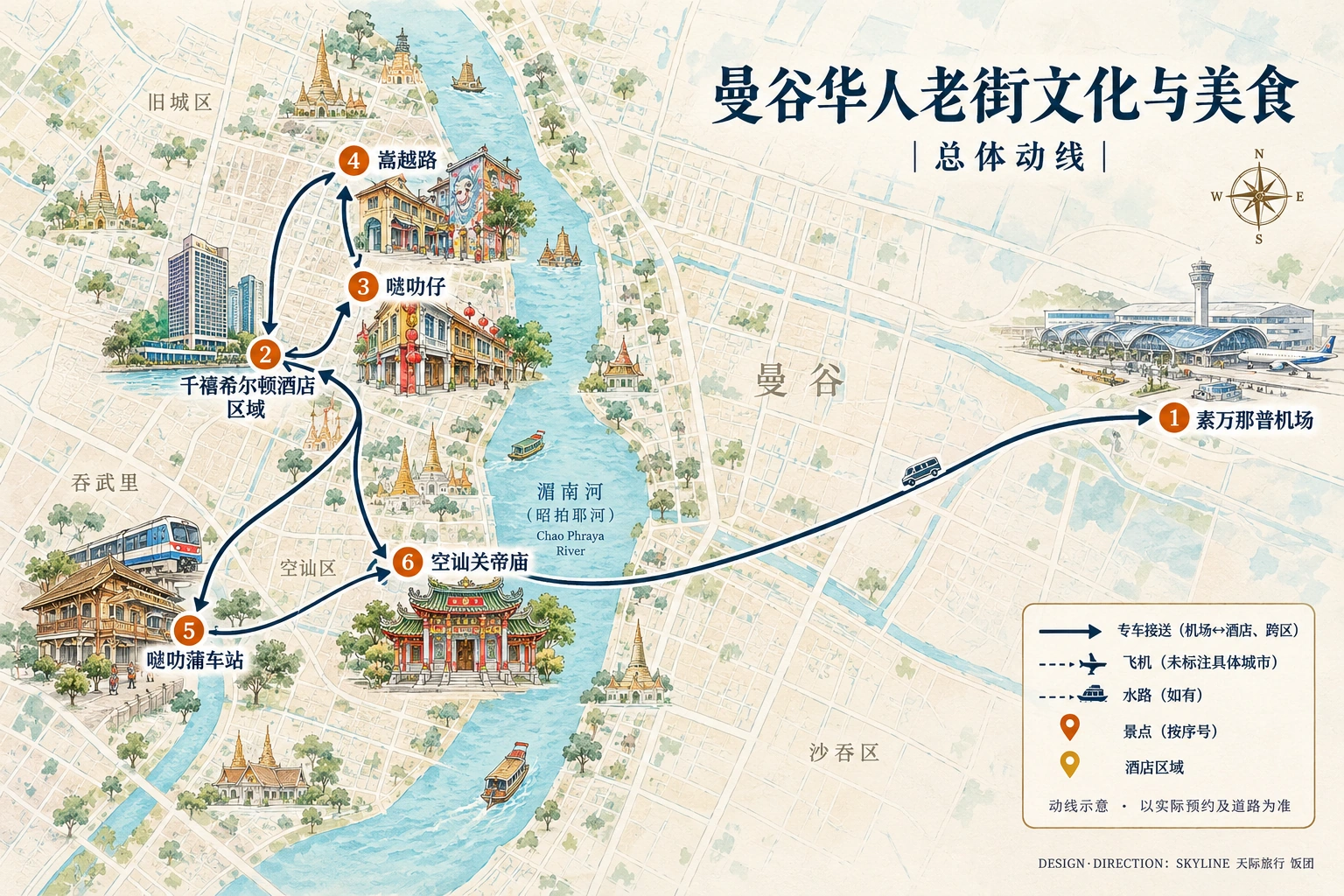 总路线图：素万那普机场、千禧希尔顿酒店区域、哒叻仔、嵩越路、哒叻蒲车站、空讪关帝庙