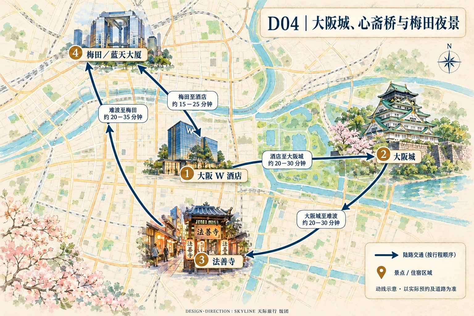 第4天路线图：大阪 W 酒店、大阪城、法善寺、梅田／蓝天大厦