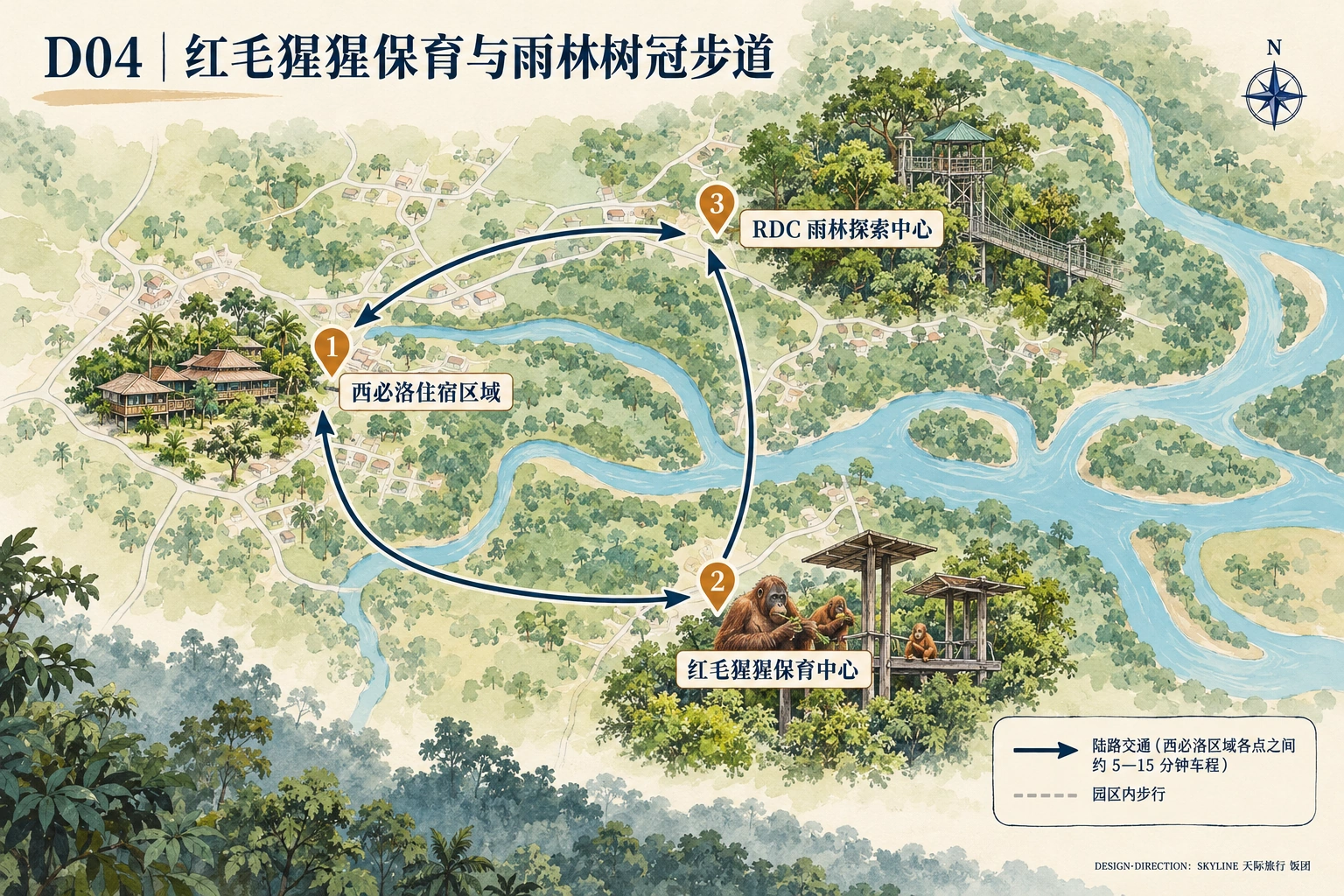 第4天路线图：西必洛住宿区域、红毛猩猩保育中心、RDC 雨林探索中心