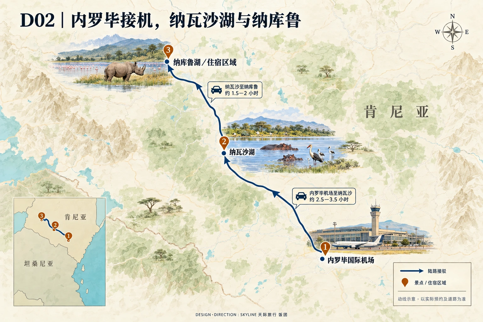 第2天路线图：内罗毕国际机场、纳瓦沙湖、纳库鲁湖／住宿区域
