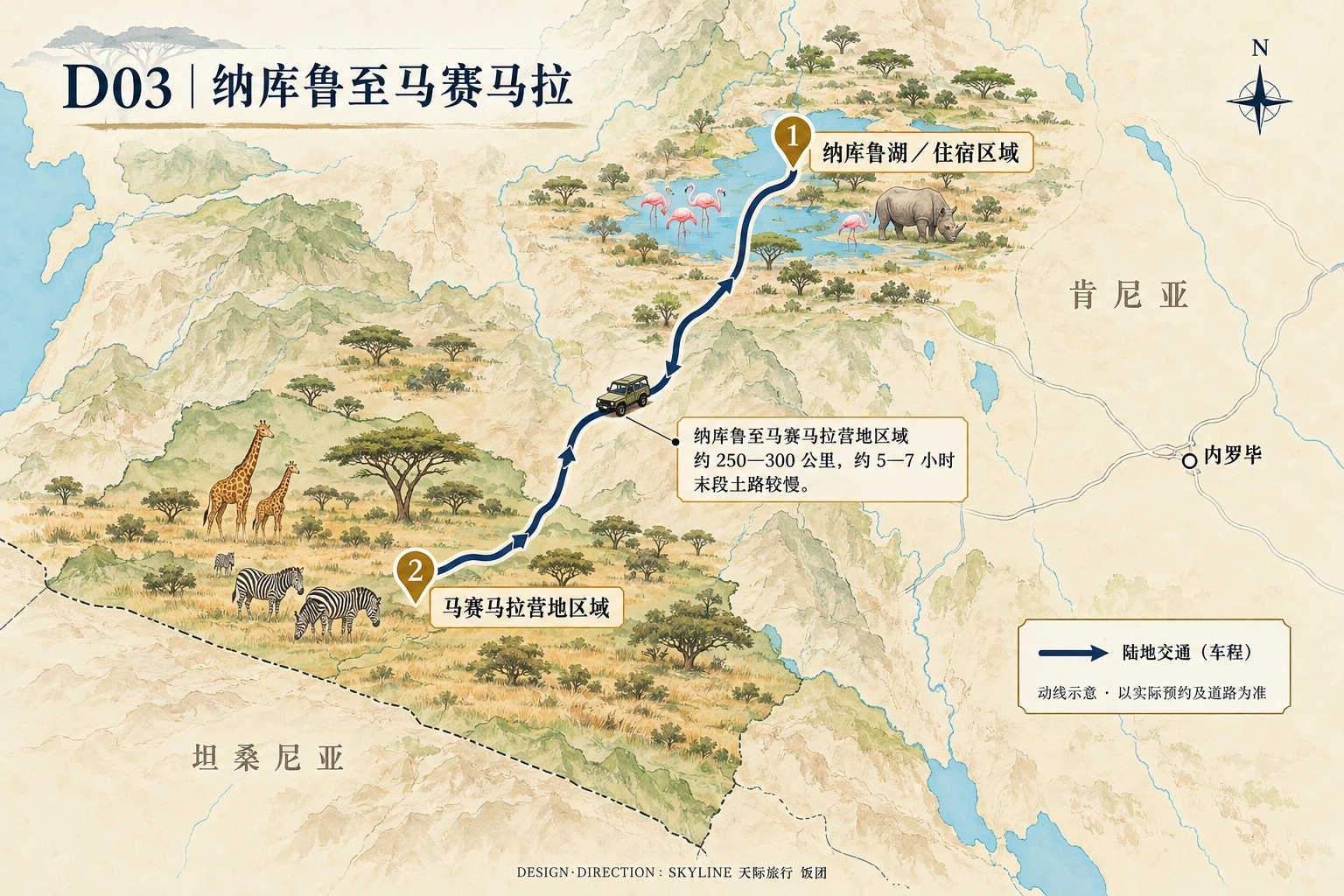 第3天路线图：纳库鲁湖／住宿区域、马赛马拉营地区域