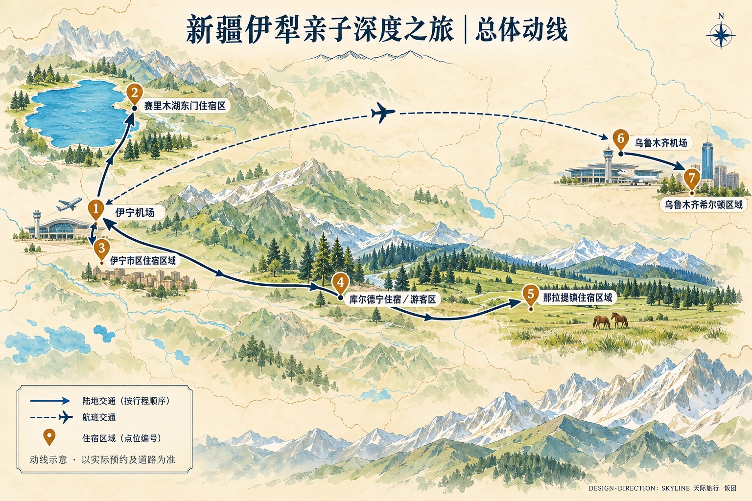 总路线图：伊宁机场、赛里木湖东门住宿区、伊宁市区住宿区域、库尔德宁住宿／游客区、那拉提镇住宿区域、乌鲁木齐机场、乌鲁木齐希尔顿区域
