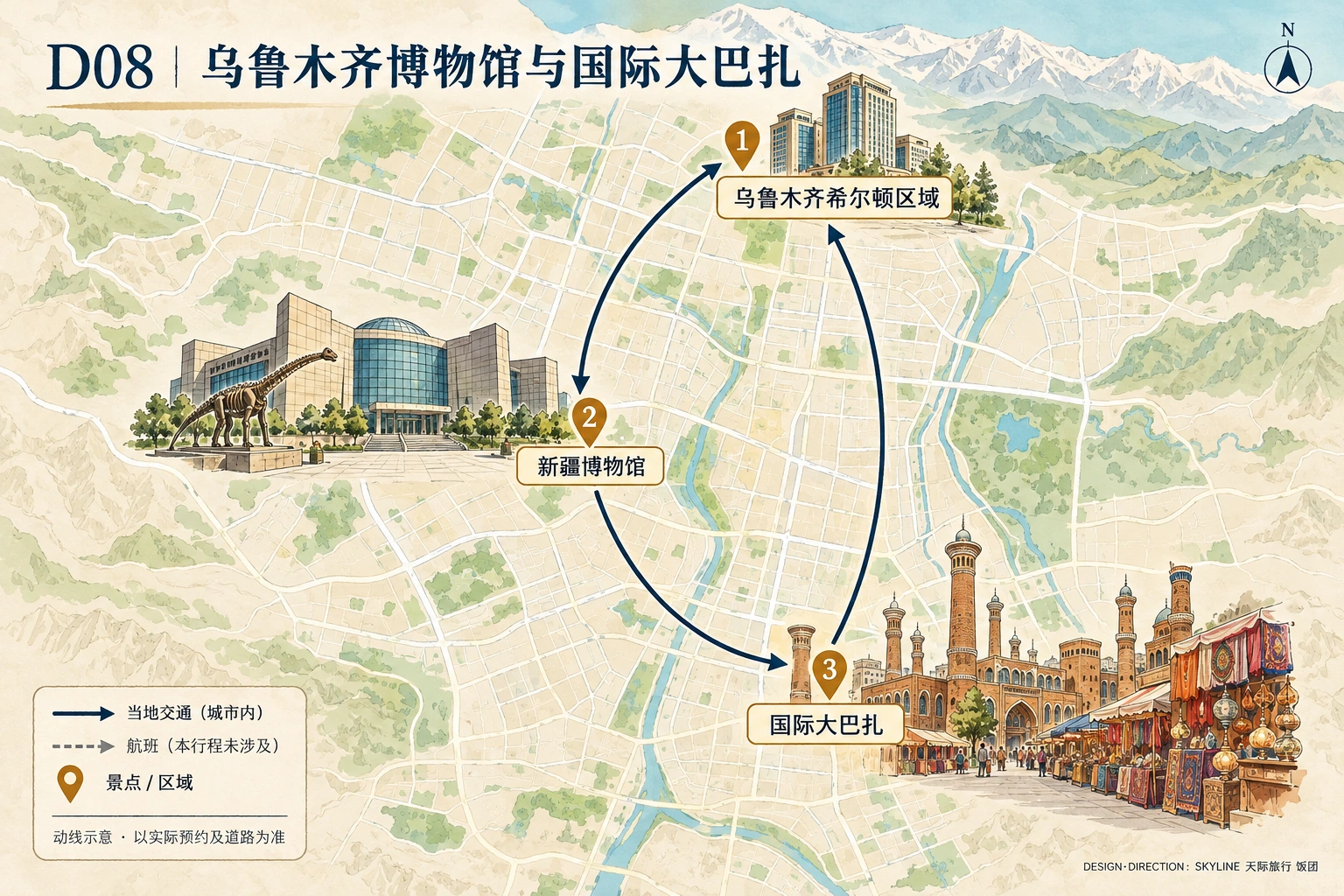 第8天路线图：乌鲁木齐希尔顿区域、新疆博物馆、国际大巴扎
